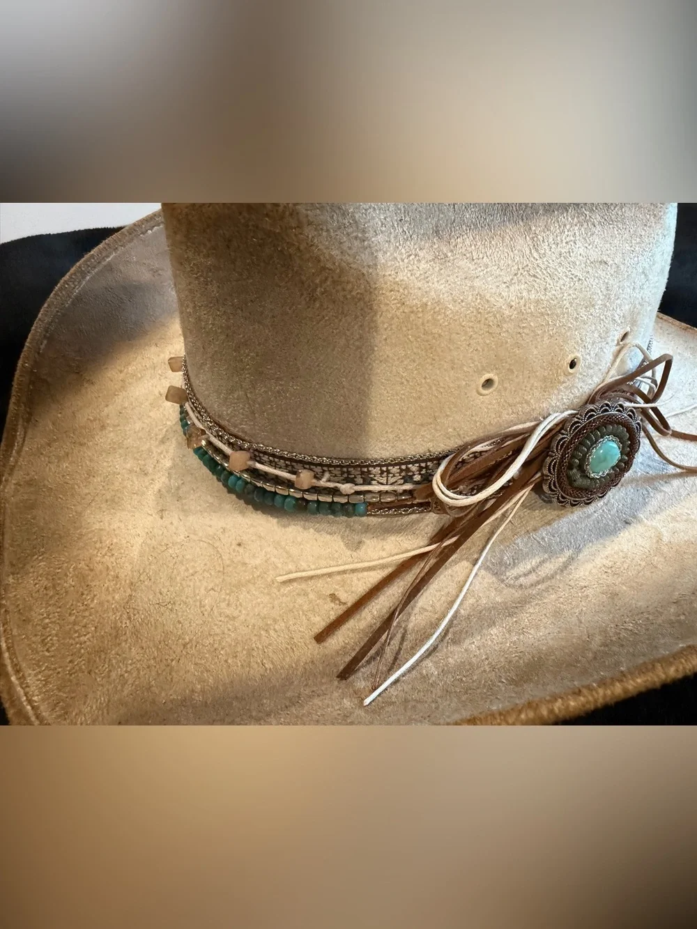Tan Leather Western Hatband with Turquoise Concho and Fringe